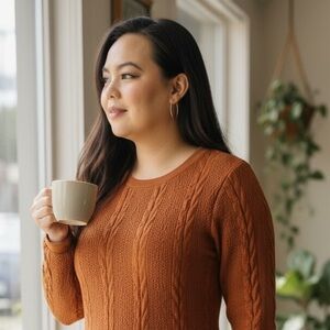 Roolee Long Sleeve Cable Knit Dress - Orange